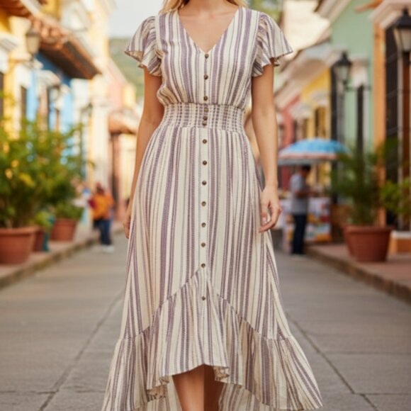 Cassee A-Line Midi Dress Vertical Stripes - Picture 1 of 1